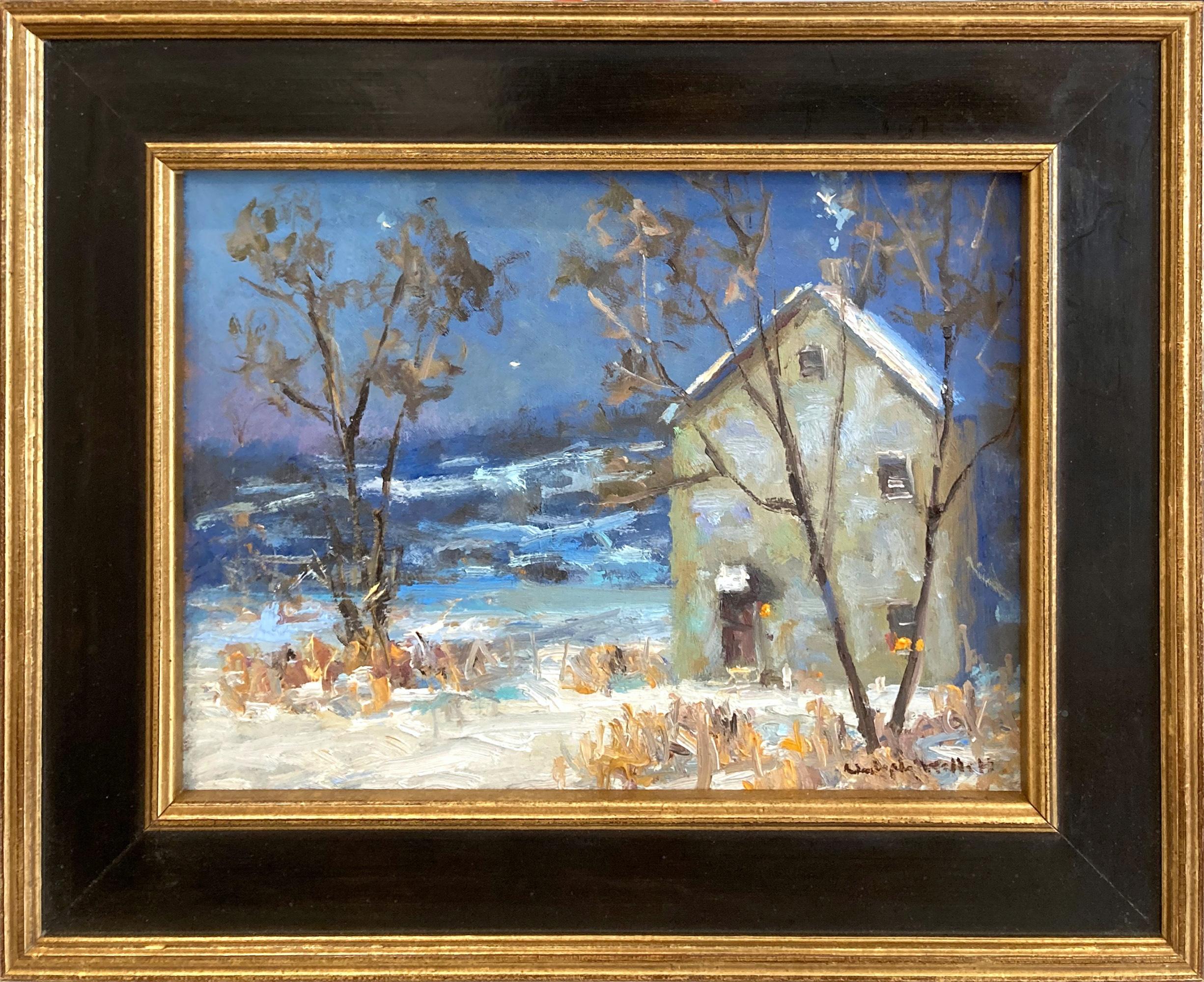 Christopher Willett Landscape Painting - "January" Impressionist Pastoral Nocturnal Snow Scene Oil Board Painting Framed