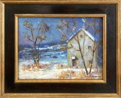 "January" Impressionist Pastoral Nocturnal Snow Scene Oil Board Painting Framed