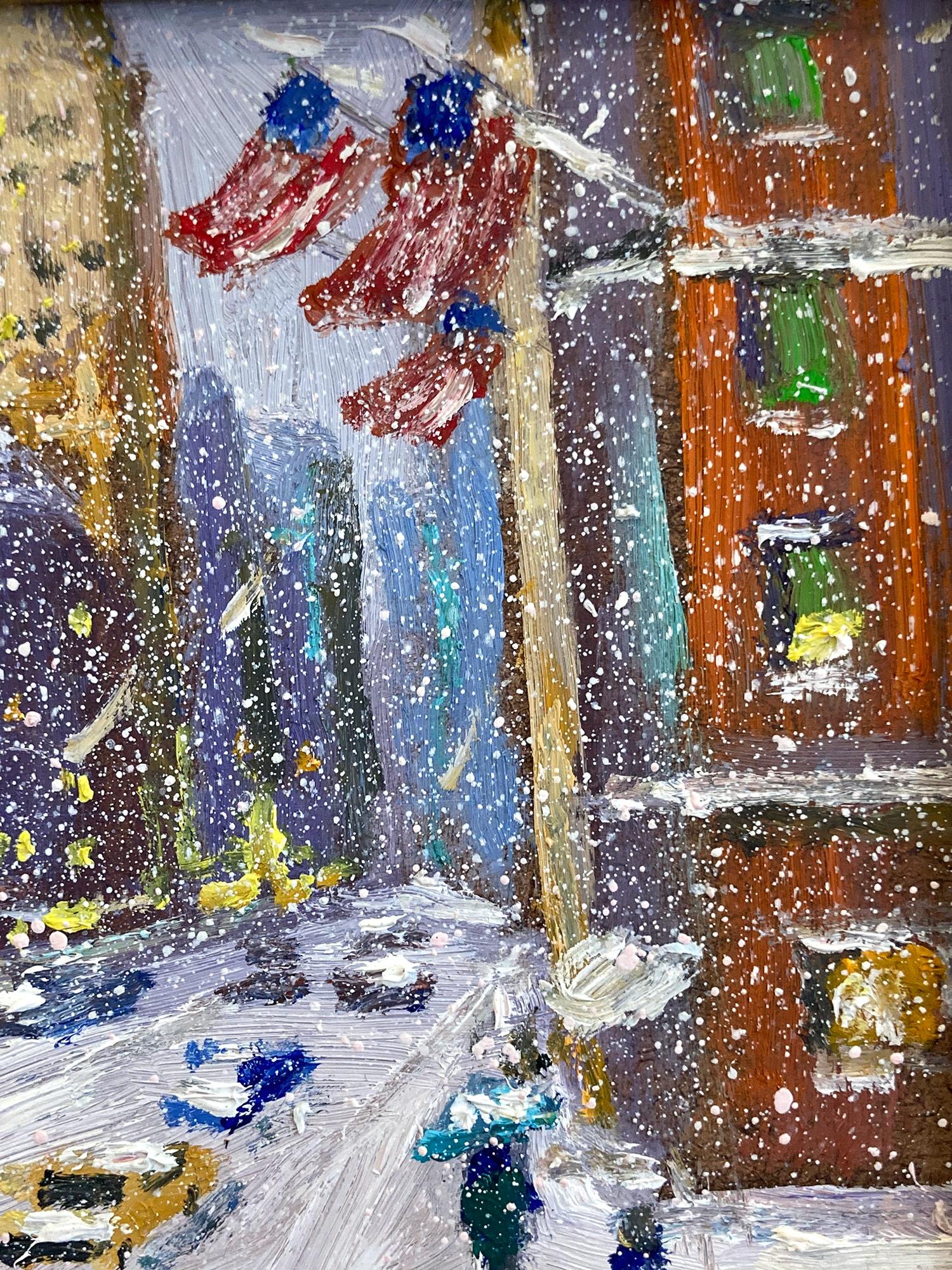 Escena invernal impresionista de la ciudad de Nueva York que representa Mid Town Manhattan en Nueva York. Esta pieza está hecha de una forma muy íntima, pero enérgica. Christopher es conocido por captar la belleza y la sencillez de una época