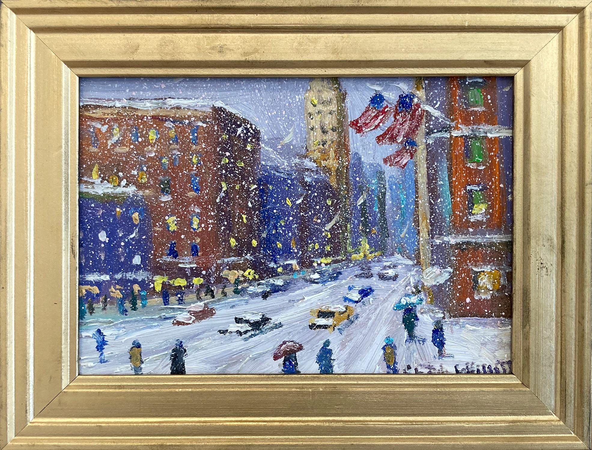 Landscape Painting de Christopher Willett - "Mid Town NYC" Impressionist Snow Scene in New York City Oil Painting Framed