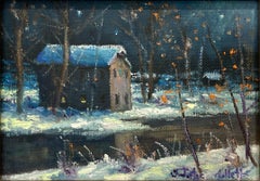 „Mill Along Neshaminy Creek“, Bucks County, Schneeszene, Ölgemälde