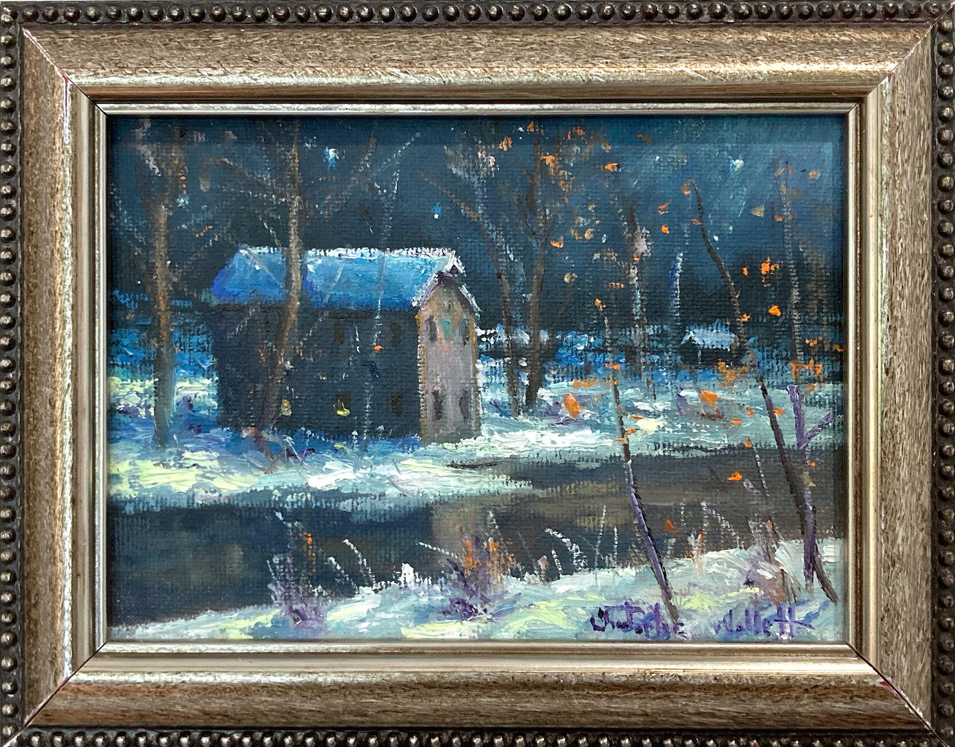 Landscape Painting di Christopher Willett - "Mulino lungo il torrente Neshaminy" Pittura ad olio della contea di Bucks, scena di neve e paesaggio