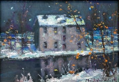 "Mill on New Hope" PA Bucks County Twilight Snow Scene Landscape Oil Painting