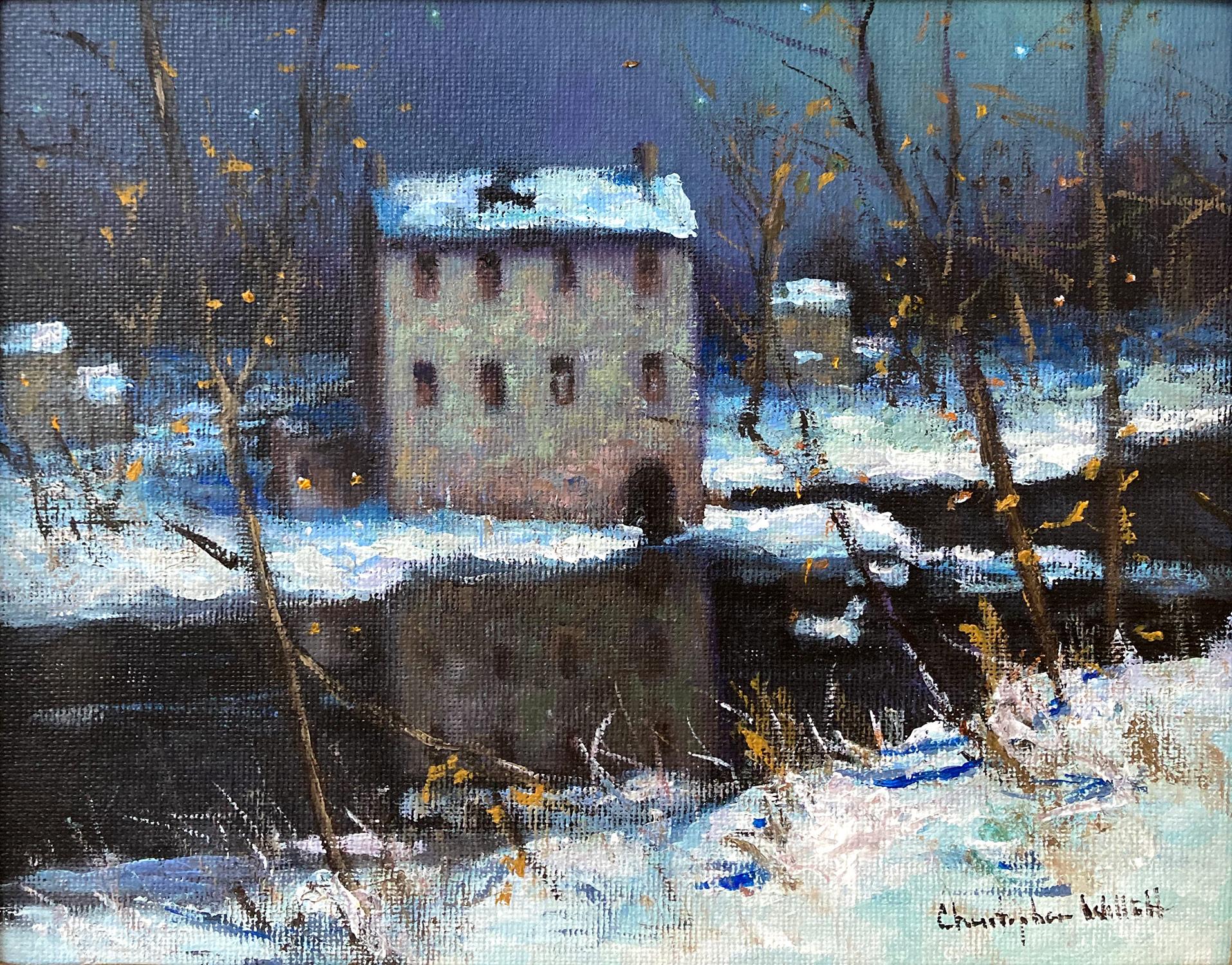 Impressionist winter pastoral scene of a quaint snow covered home by the Mill Along Neshaminy Creek in Bucks County, PA. Willett has portrayed this charming scene in a most intimate, yet energetic way, and has packed much feeling into this miniature