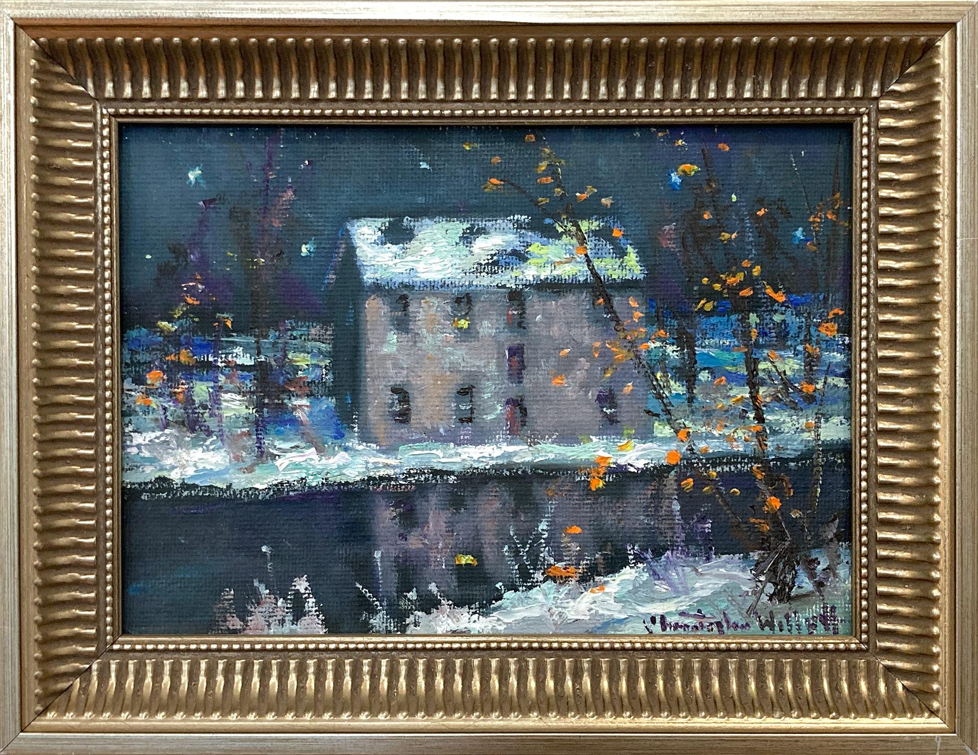 Christopher Willett Figurative Painting - "Mill on New Hope" PA Bucks County Twilight Snow Scene Landscape Oil Painting 