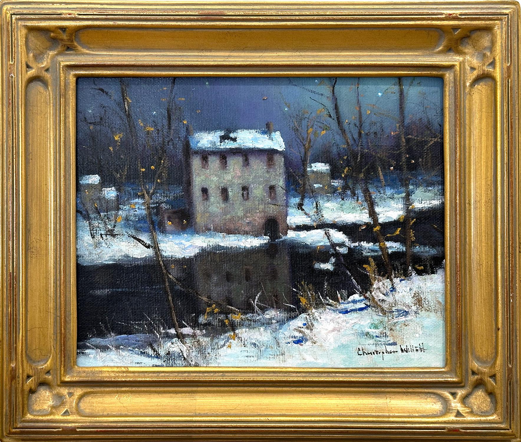 Christopher Willett Landscape Painting - "Mill Along The Creek" Bucks County Twilight Snow Scene Landscape Oil Painting