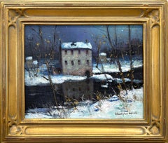 "Mill Along The Creek" Bucks County Crepúsculo Escena de nieve Paisaje Pintura al óleo