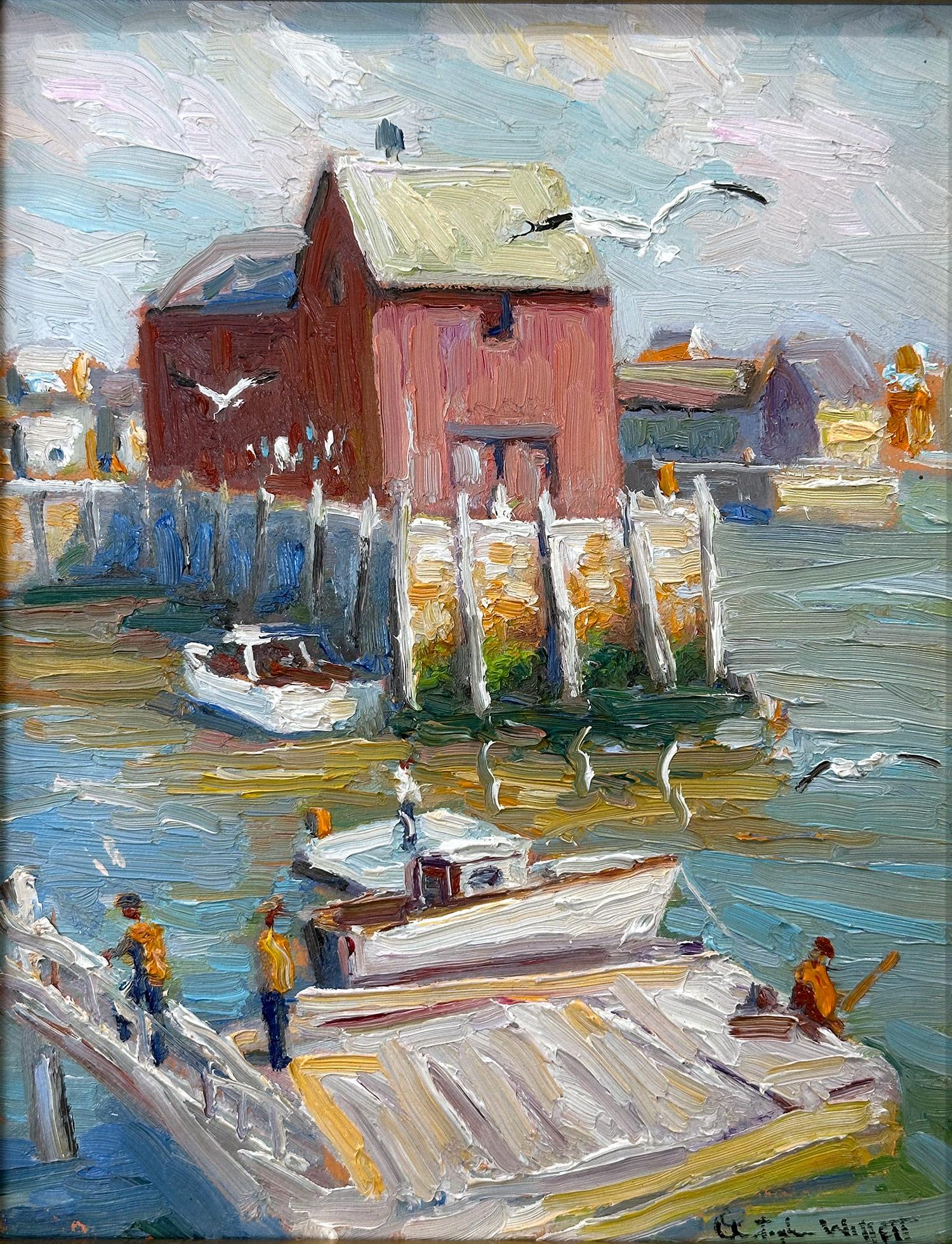 Impressionistische pastorale Szene mit malerischem Blick auf die Docks und die Fischer der legendären Fischerhütte am Bearskin Neck am Bradley Wharf in der Hafenstadt Rockport, Massachusetts. Willet hat dieses Stück auf sehr intime und doch
