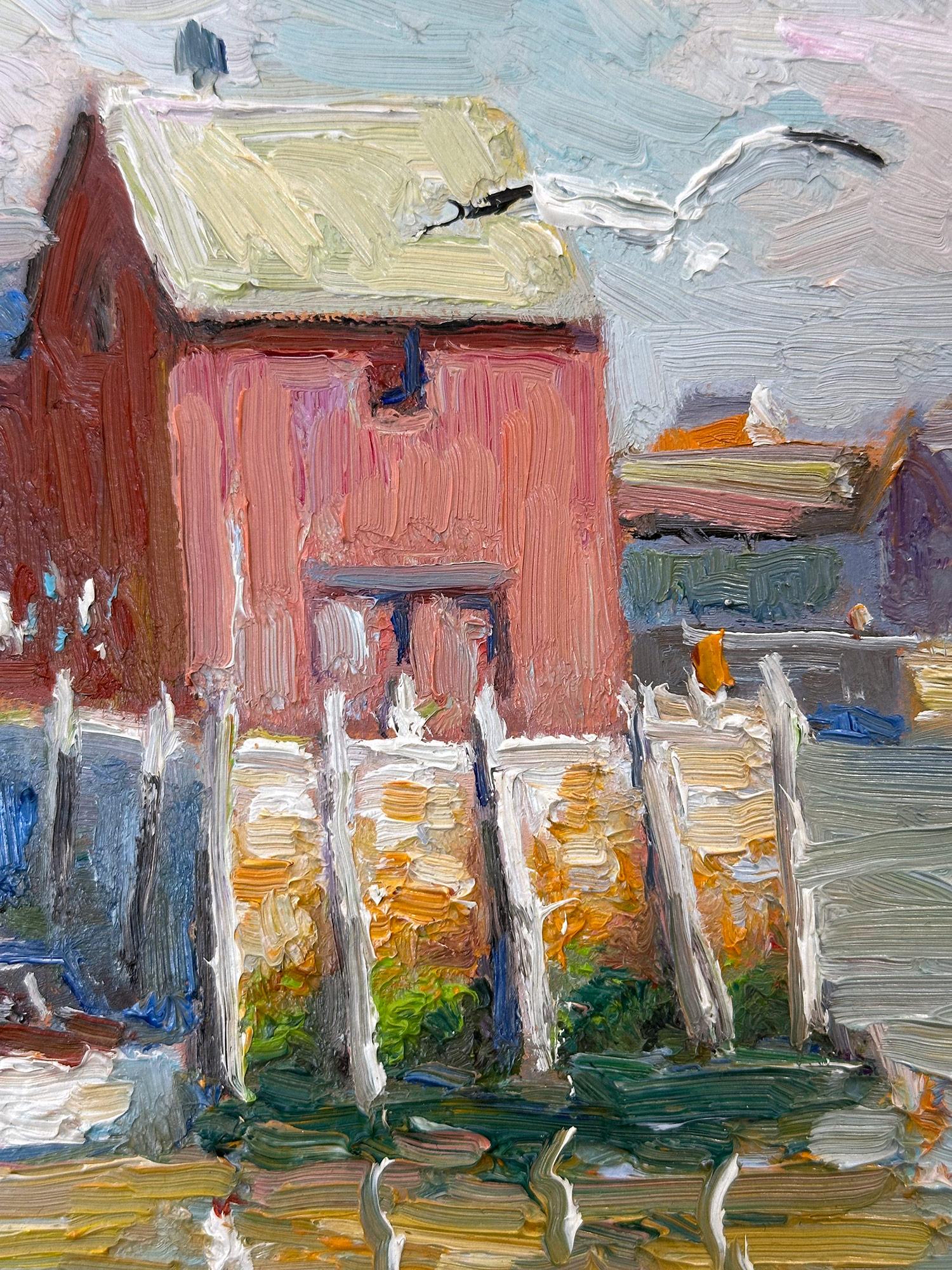 Scena pastorale impressionista di una pittoresca veduta marina dei moli e dei pescatori dell'iconica baracca da pesca di Bearskin Neck, situata sul Bradley Wharf nella città portuale di Rockport, nel Massachusetts. Willet ha interpretato questo