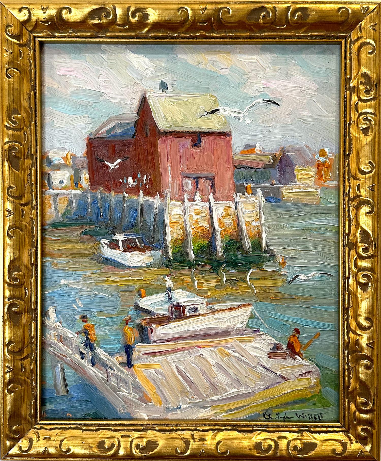Christopher Willett Figurative Painting – "Motif #1" Rockport Massachusetts Fishermen by the Seaport Docks Oil Painting