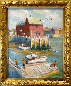 Vintage "Motif #1" Rockport Massachusetts Fishermen by the Seaport Docks Oil Painting