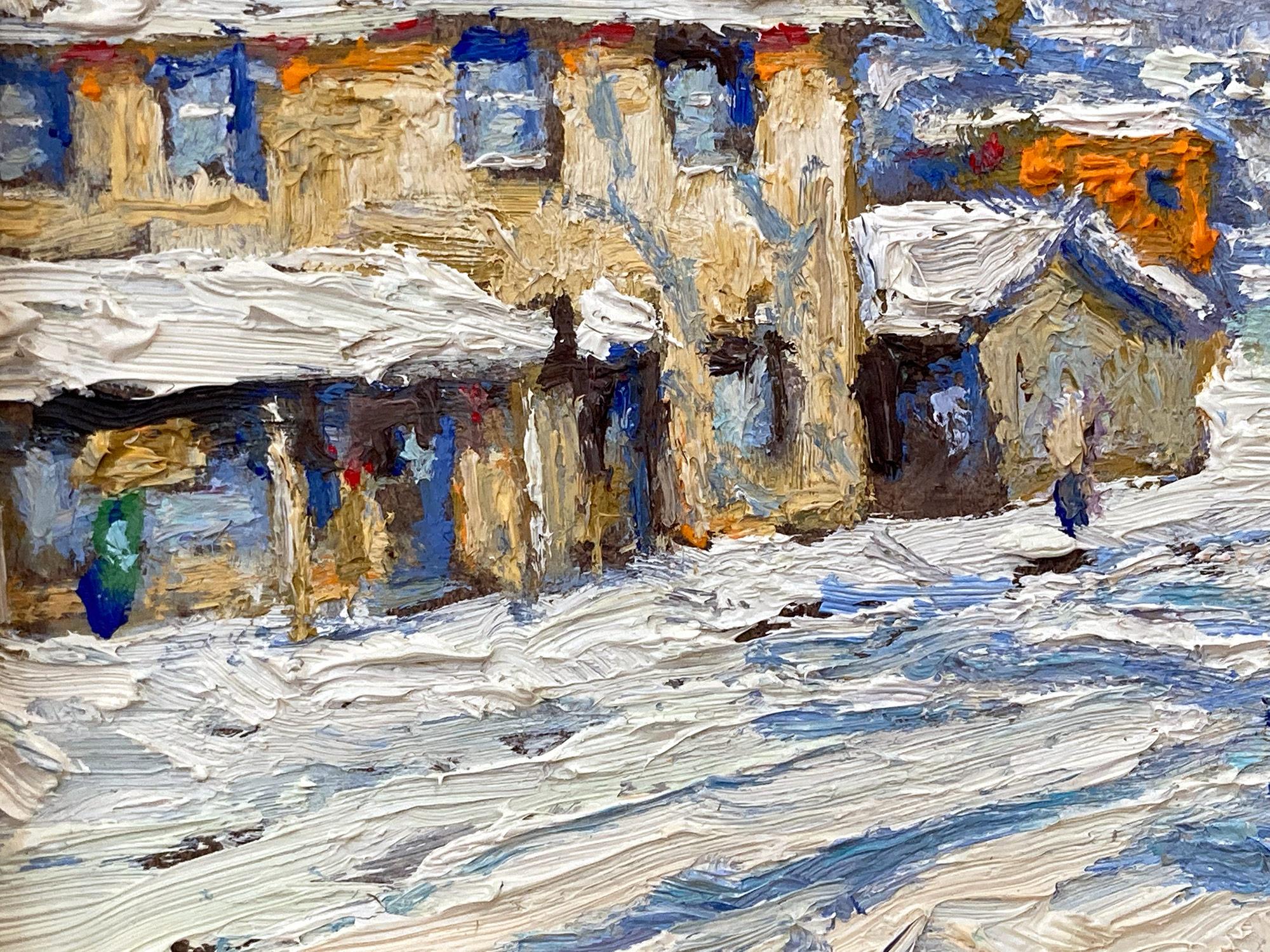 Impressionist winter pastoral scene of a quaint snow covered farm houses near Buckingham, Bucks County, PA. Willet has portrayed this piece in a most intimate, yet energetic way, and has packed much feeling into this miniature work. It is almost as