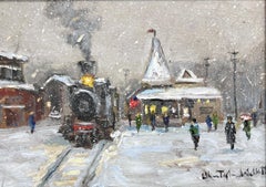 "New Hope, PA, Train Station" Impressionistische pastorale Schneelandschaft Ölgemälde