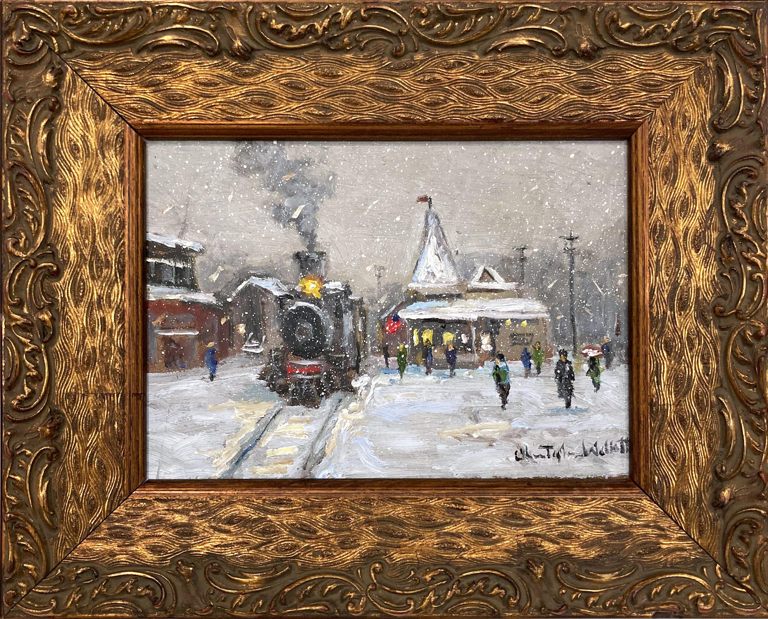 Christopher Willett Figurative Painting - "New Hope, PA, Train Station" Impressionist Pastoral Snow Scene Oil Painting