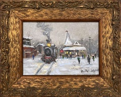 "New Hope, PA, Train Station" Impressionist Pastoral Snow Scene Oil Painting
