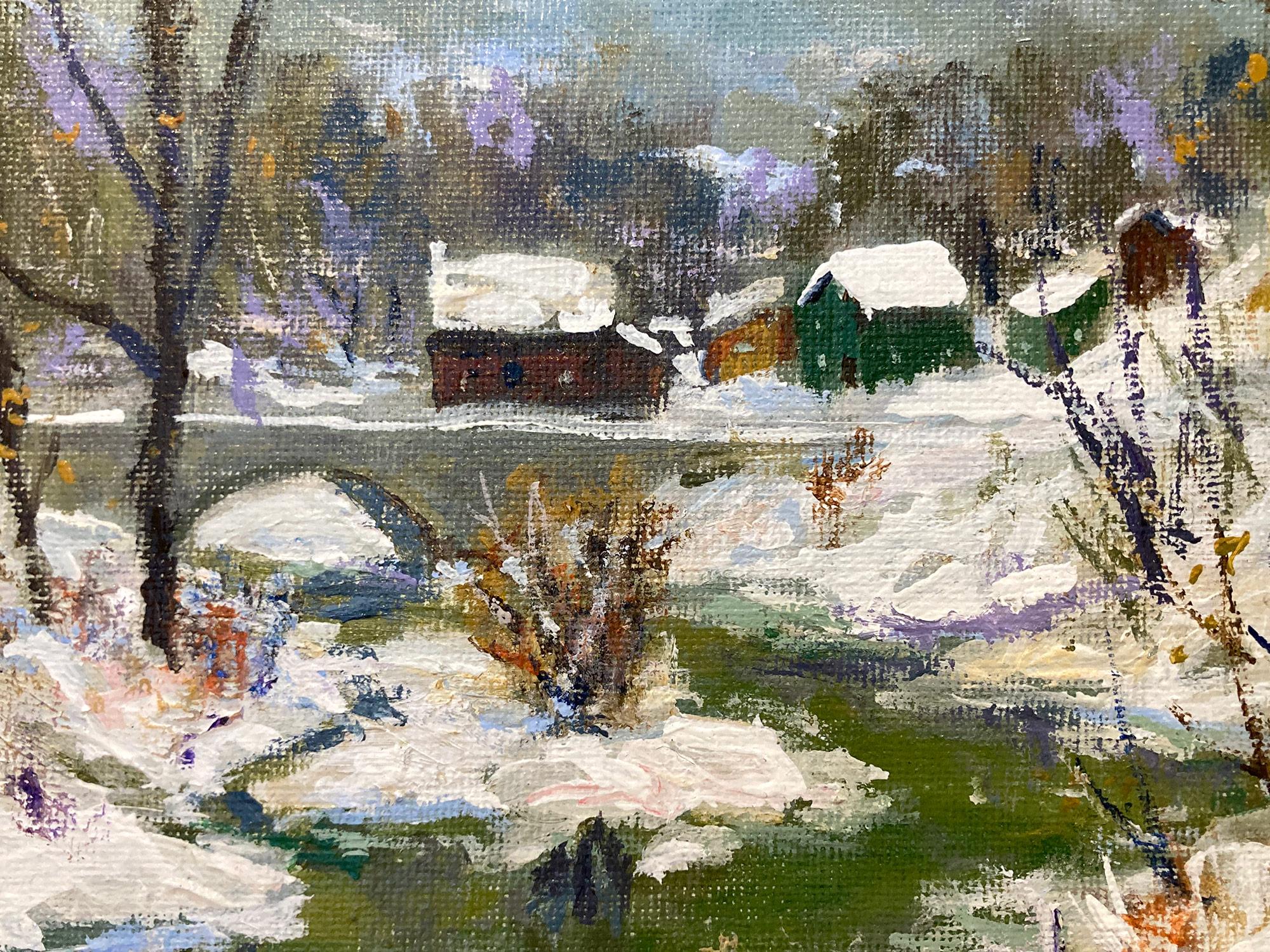 „Point Pleasant“ Bucks County New Hope PA Fluss-Schneefsszene, Ölgemälde, gerahmt (Braun), Figurative Painting, von Christopher Willett