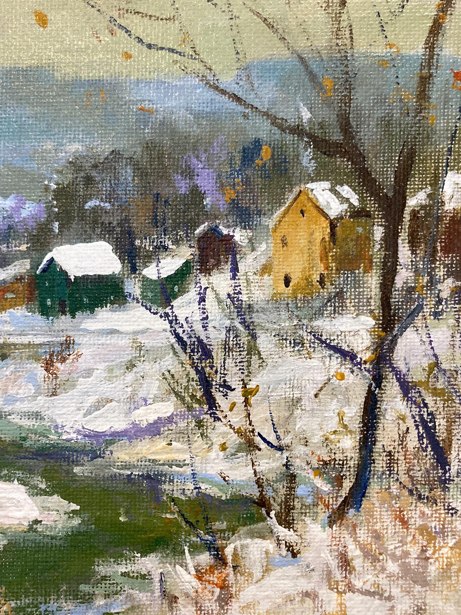 A wonderful Impressionist winter pastoral scene of colorful quaint homes by the river. Willet has portrayed this piece in a most intimate, yet energetic way, and has packed much feeling into this vibrant work. It is almost as if we are there in the