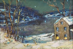 "River Road New Hope" Bucks County PA Midnight with Stars Snow Landscape Scene