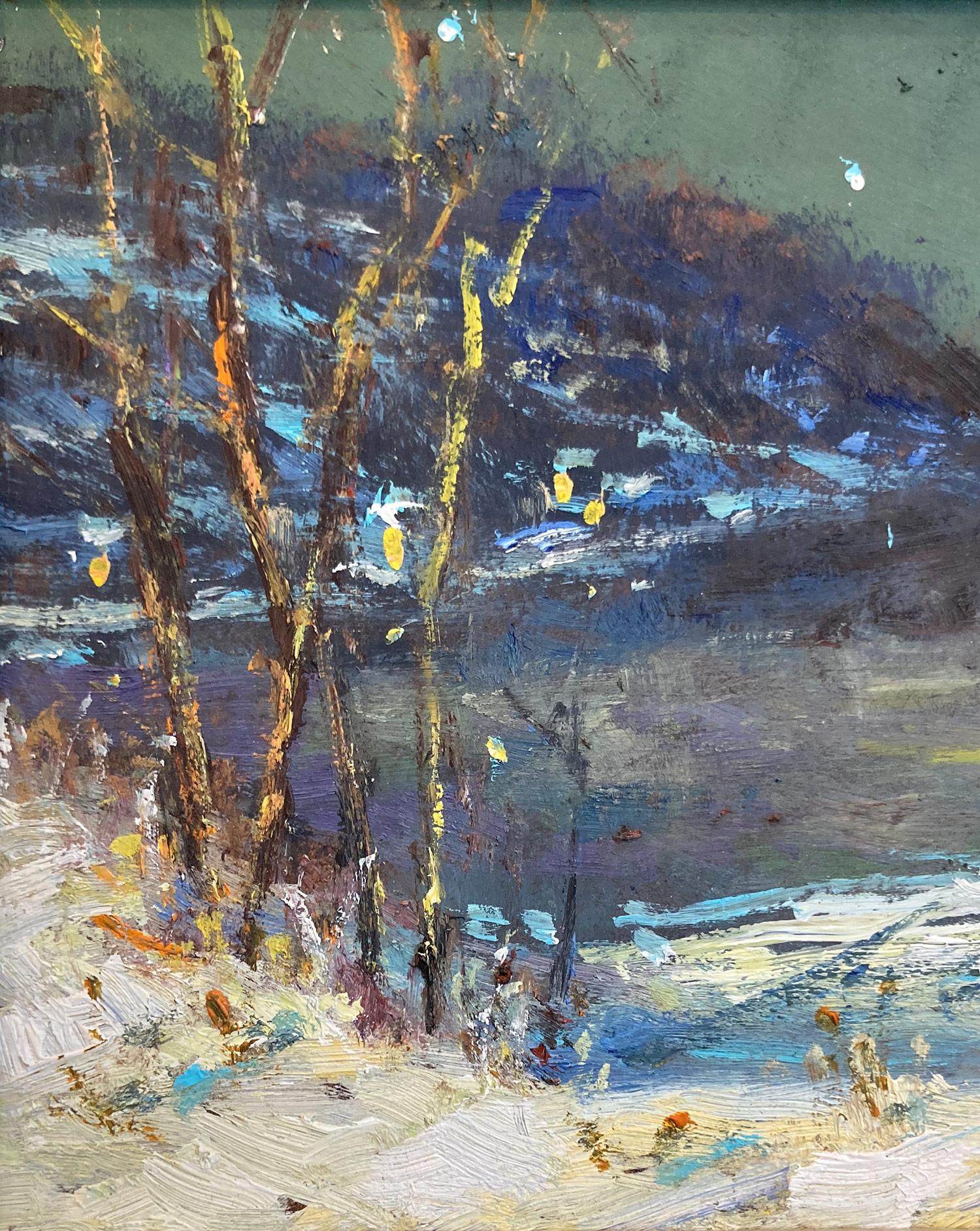 A wonderful Impressionist winter pastoral scene of a colorful quaint home by the river. Willet has portrayed this piece in a most intimate, yet energetic way, and has packed much feeling into this vibrant work. It is almost as if we are there in the