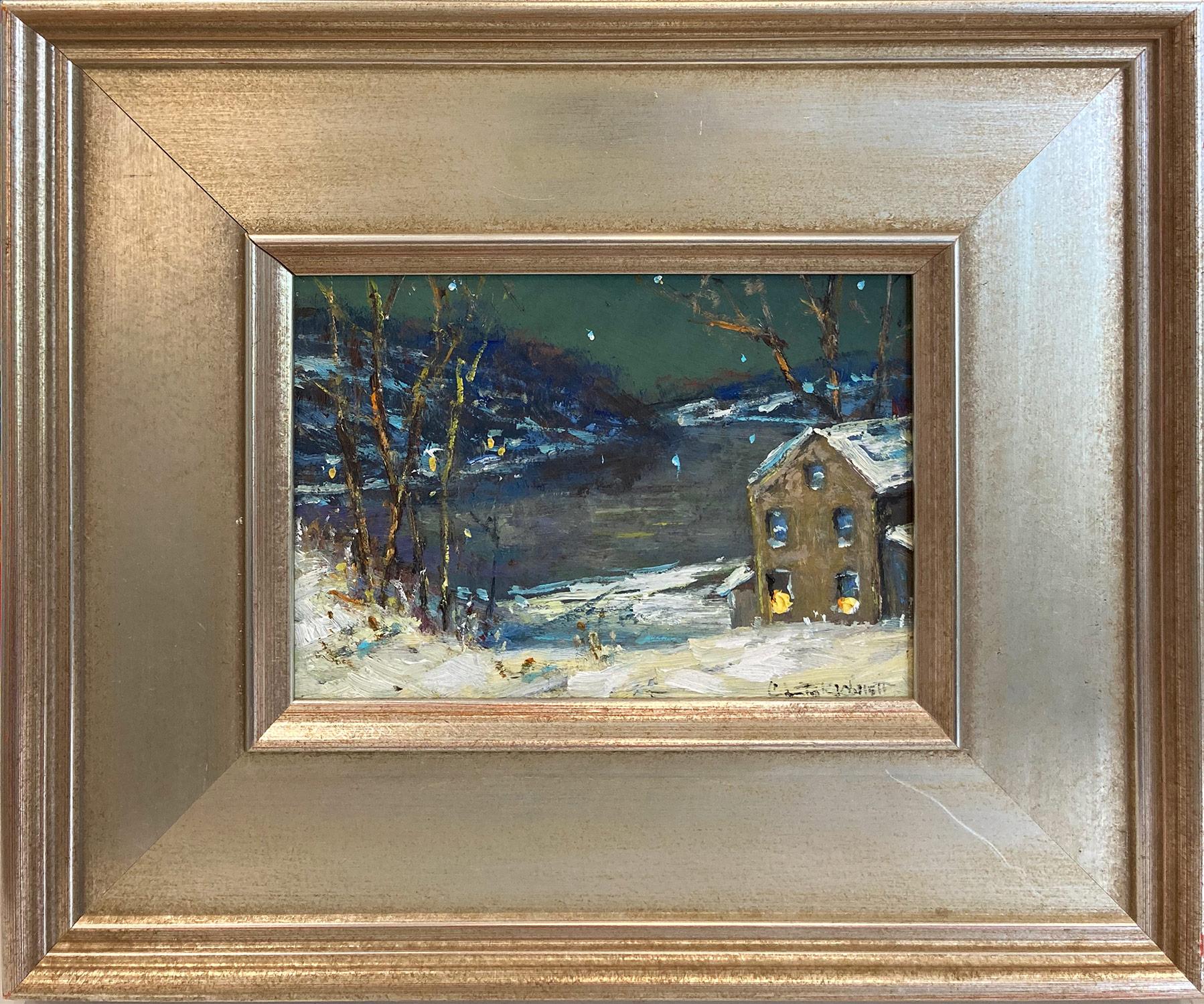 Christopher Willett Figurative Painting - "River Road New Hope" Bucks County PA Midnight with Stars Snow Landscape Scene