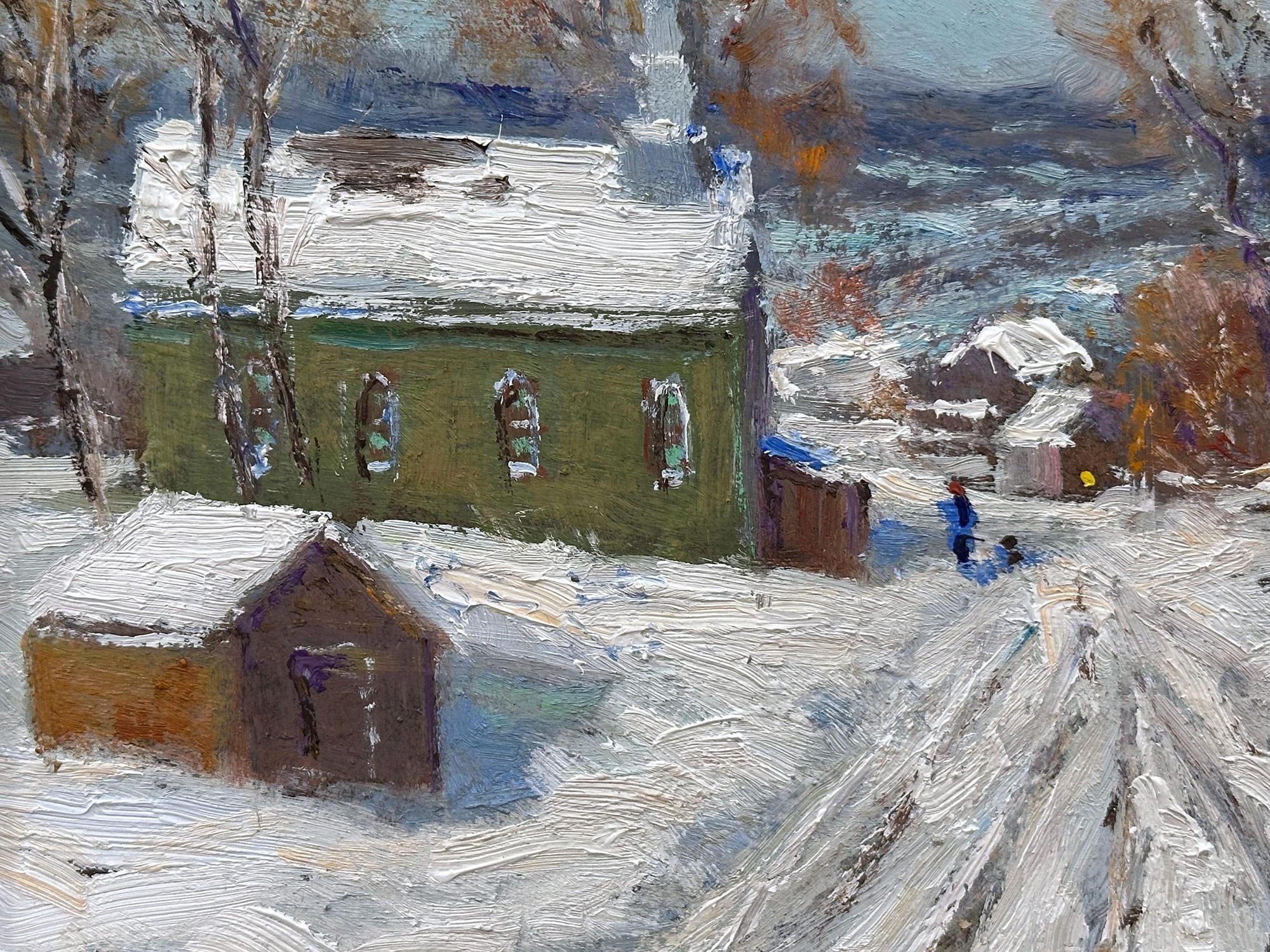 Impressionist winter pastoral scene of a quaint snow covered Church and farm houses near Tinicum, Bucks County, PA. Willet has portrayed this piece in a most intimate, yet energetic way, and has packed much feeling into this miniature work. It is