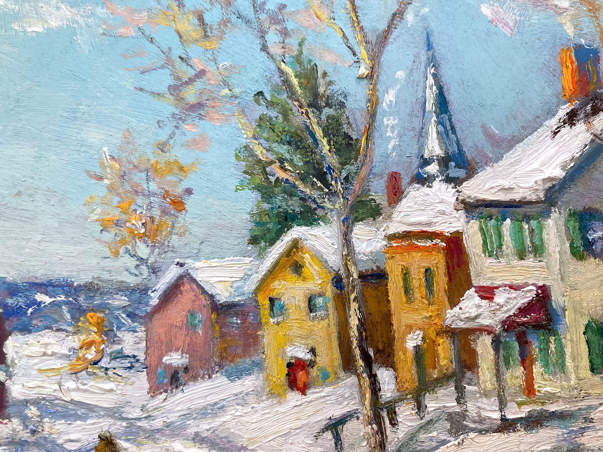 Impressionist winter pastoral scene of a quaint snow covered town with Figure on Sleigh and Horse by Bucks County, PA. Willett has portrayed this charming piece in a most intimate, yet energetic way, and has packed much feeling into this miniature