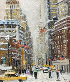 "Rush Hour 64th Street" Impressionist Snow Scene in New York City Oil Painting