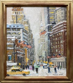 "Rush Hour 64th Street" Impressionist Snow Scene in New York City Oil Painting