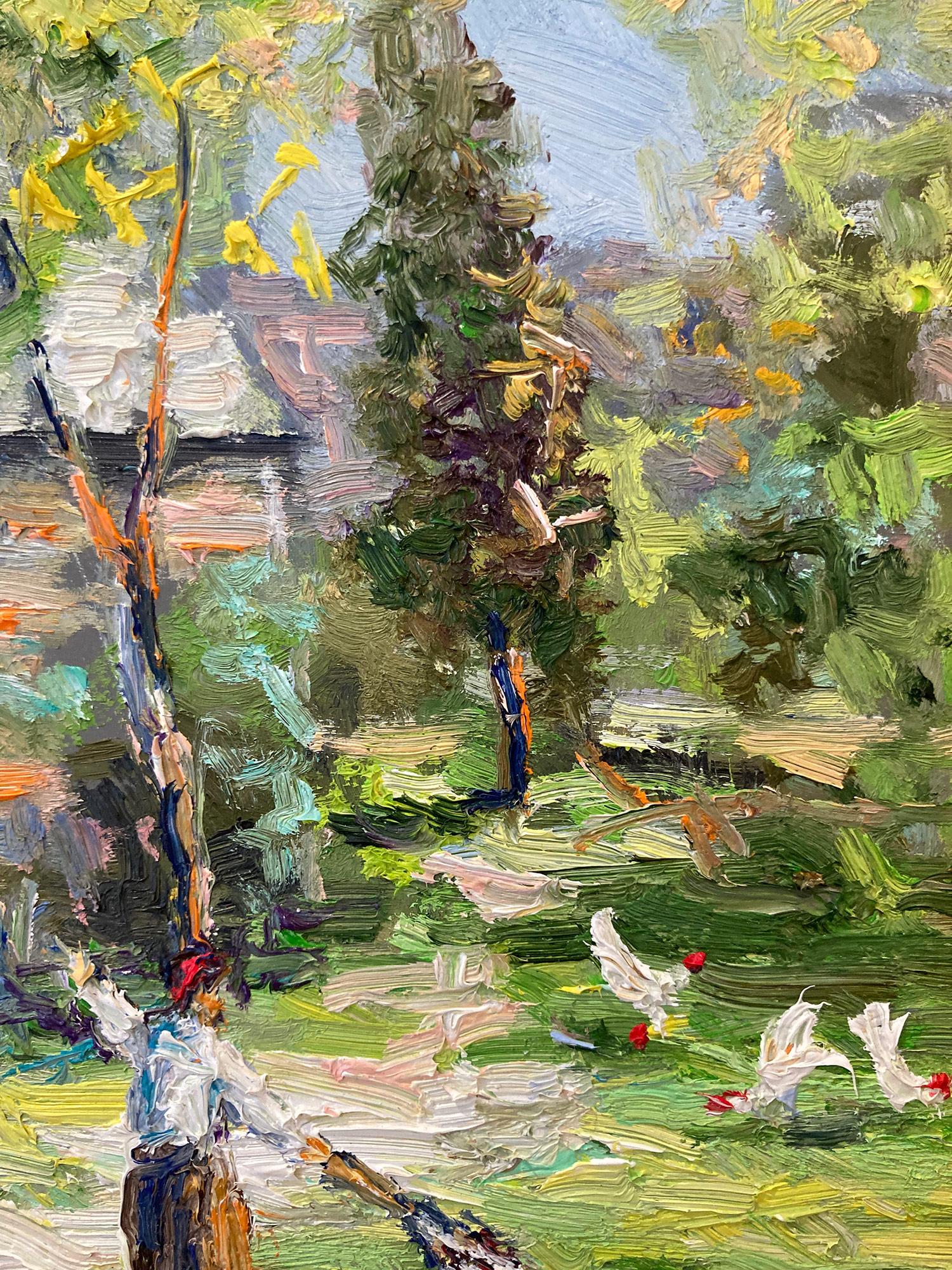 Peinture à l'huile Point Pleasant Bucks County Landscape « Sunday Spring Cleaning » - Marron Landscape Painting par Christopher Willett