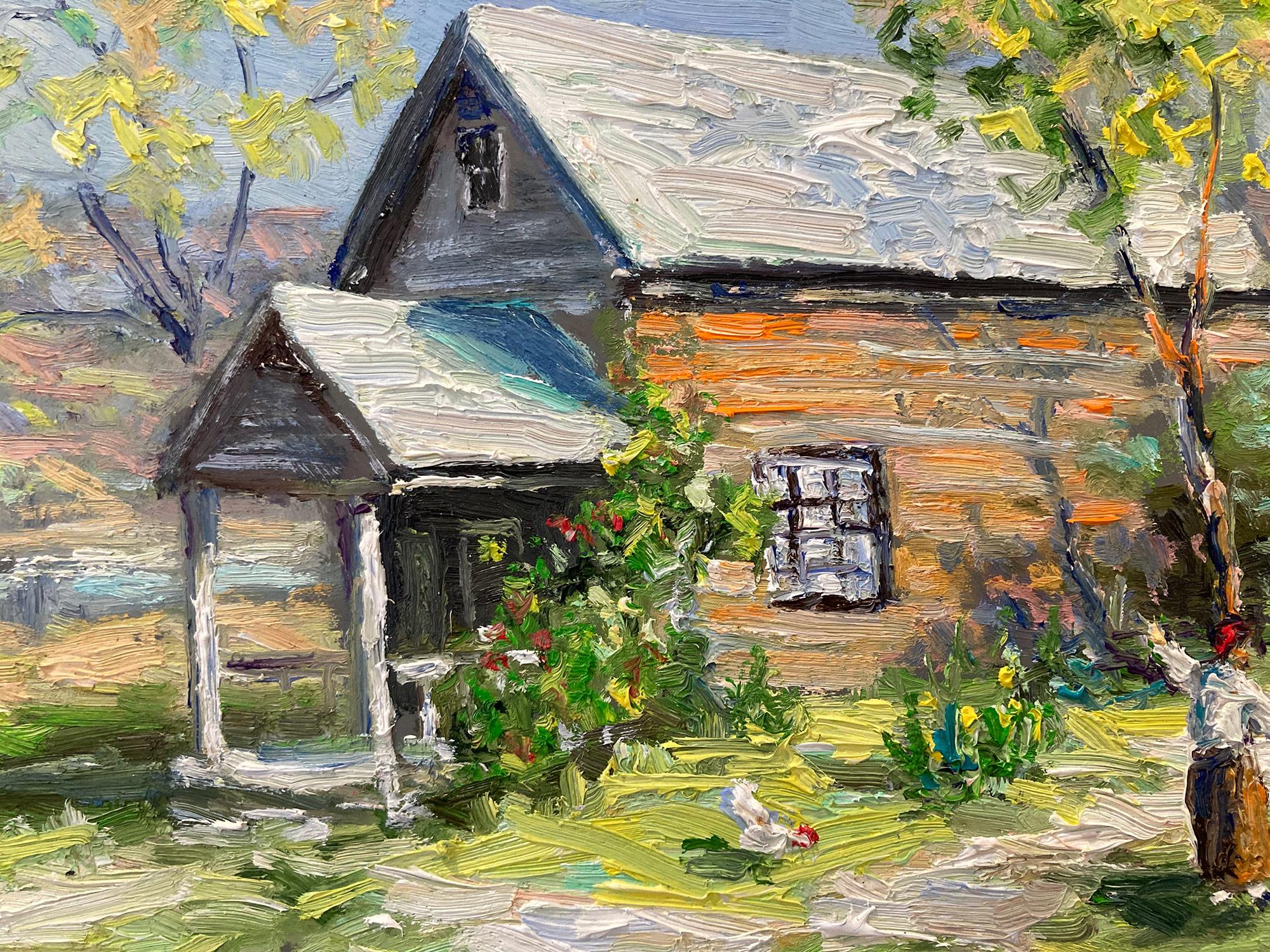 Scène pastorale estivale post-impressionniste représentant une maison dans un champ avec des poules dans le jardin et un personnage. Se déroule dans le comté de Bucks, en Pennsylvanie. Willett a interprété cette pièce d'une manière très intime, mais