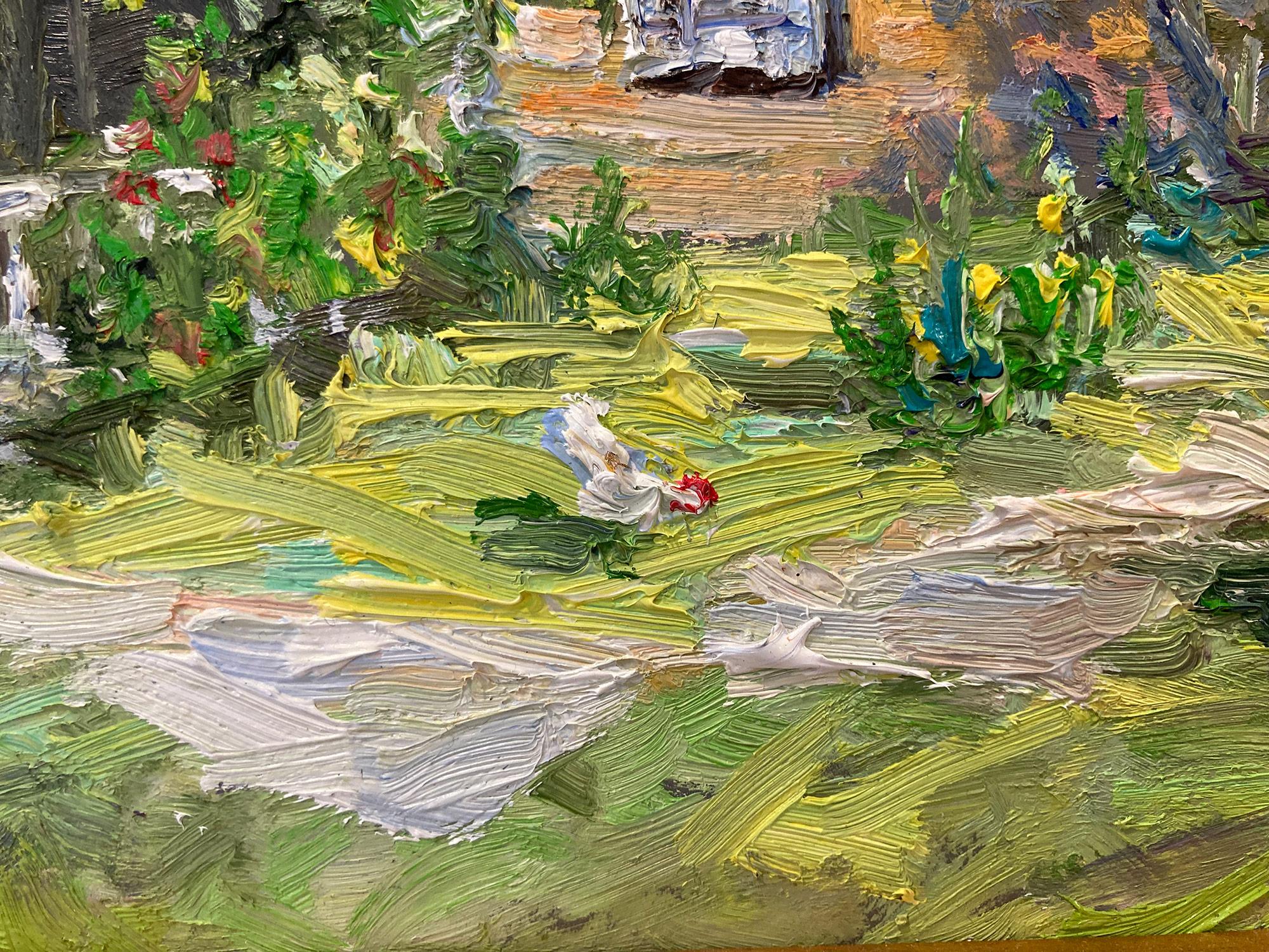 Post-Impressionist summer pastoral scene of a house in the field with chickens in the garden and figure. Taking place in Bucks County, PA. Willett has portrayed this piece in a most intimate, yet energetic way, and has packed much feeling into this