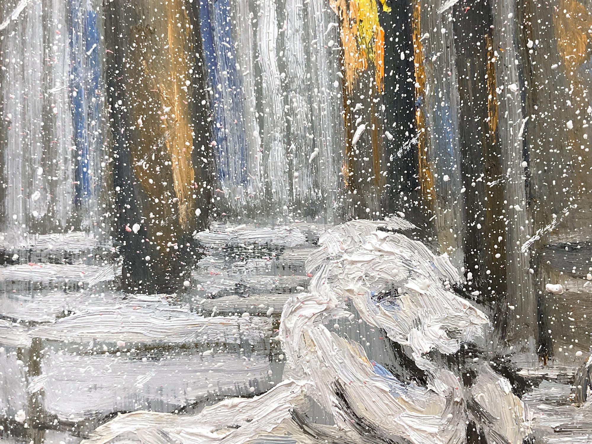 Impressionist New York City winter city-scene depicting The Guardian New York City Library on 42nd Street.  with pedestrians going through the snow under umbrellas in a most intimate, yet energetic way. Christopher is known for capturing the beauty