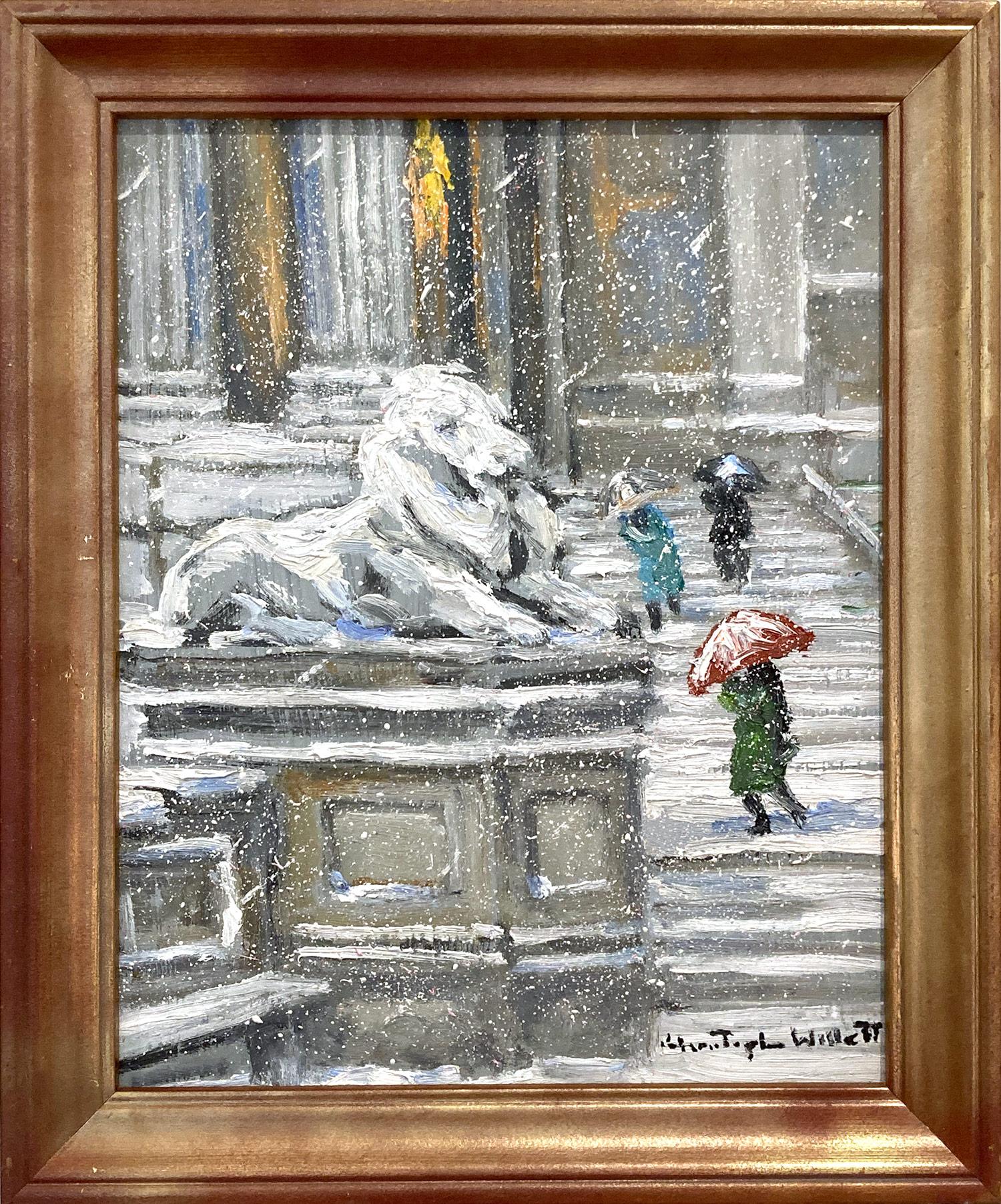 Christopher Willett Figurative Painting - "The Guardian, New York City Library" Impressionist Snow Scene Oil Painting