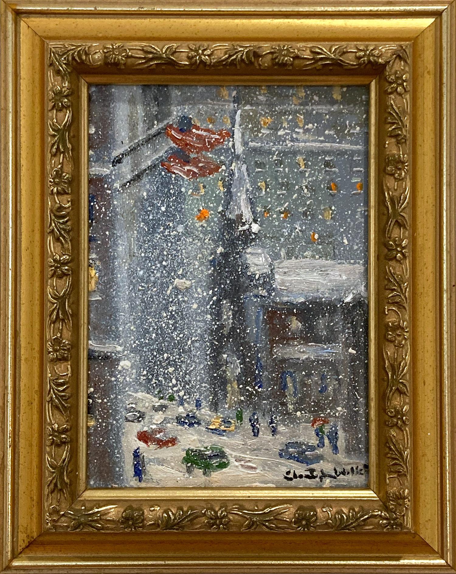 Christopher Willett Figurative Painting - "Trinity Church" New York City Impressionist Winter Snow Scene Oil Painting