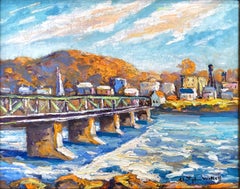 "View of New Hope" Pennsylvania Pastoral Autumnal Landscape Bridge Oil Painting
