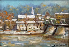 "View to Lambertville" Pennsylvania Pastoral Snow Landscape Bridge Oil Painting