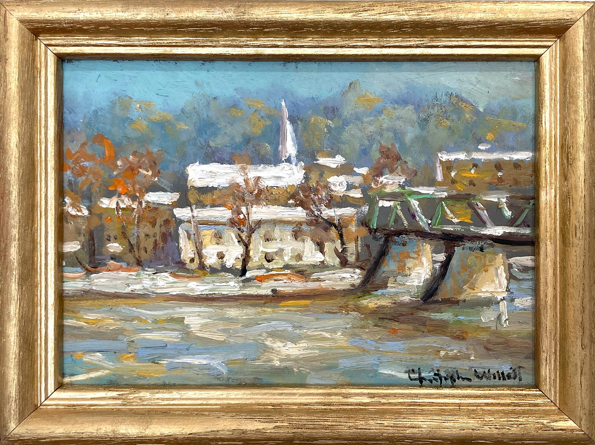 Christopher Willett Landscape Painting - "View to Lambertville" Pennsylvania Pastoral Snow Landscape Bridge Oil Painting