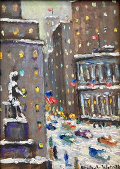 "Wall Street NY" Impressionist Snow Scene in New York City Oil Painting Framed
