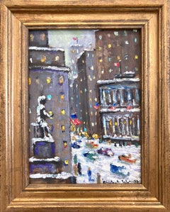 "Wall Street NY" Impressionist Snow Scene in New York City Oil Painting Framed