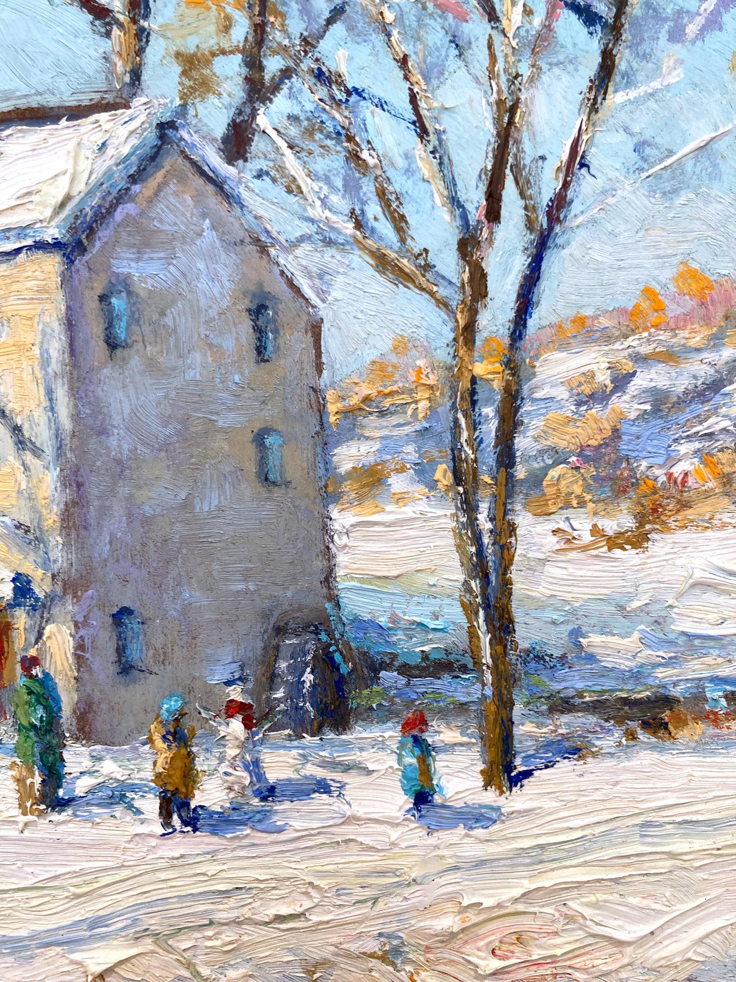 Impressionist winter pastoral scene of a quaint snow covered home with the grandchildren playing in the snow accompanied by their Grandmother in Bucks County, PA. Willett has portrayed this charming scene in a most intimate, yet energetic way, and