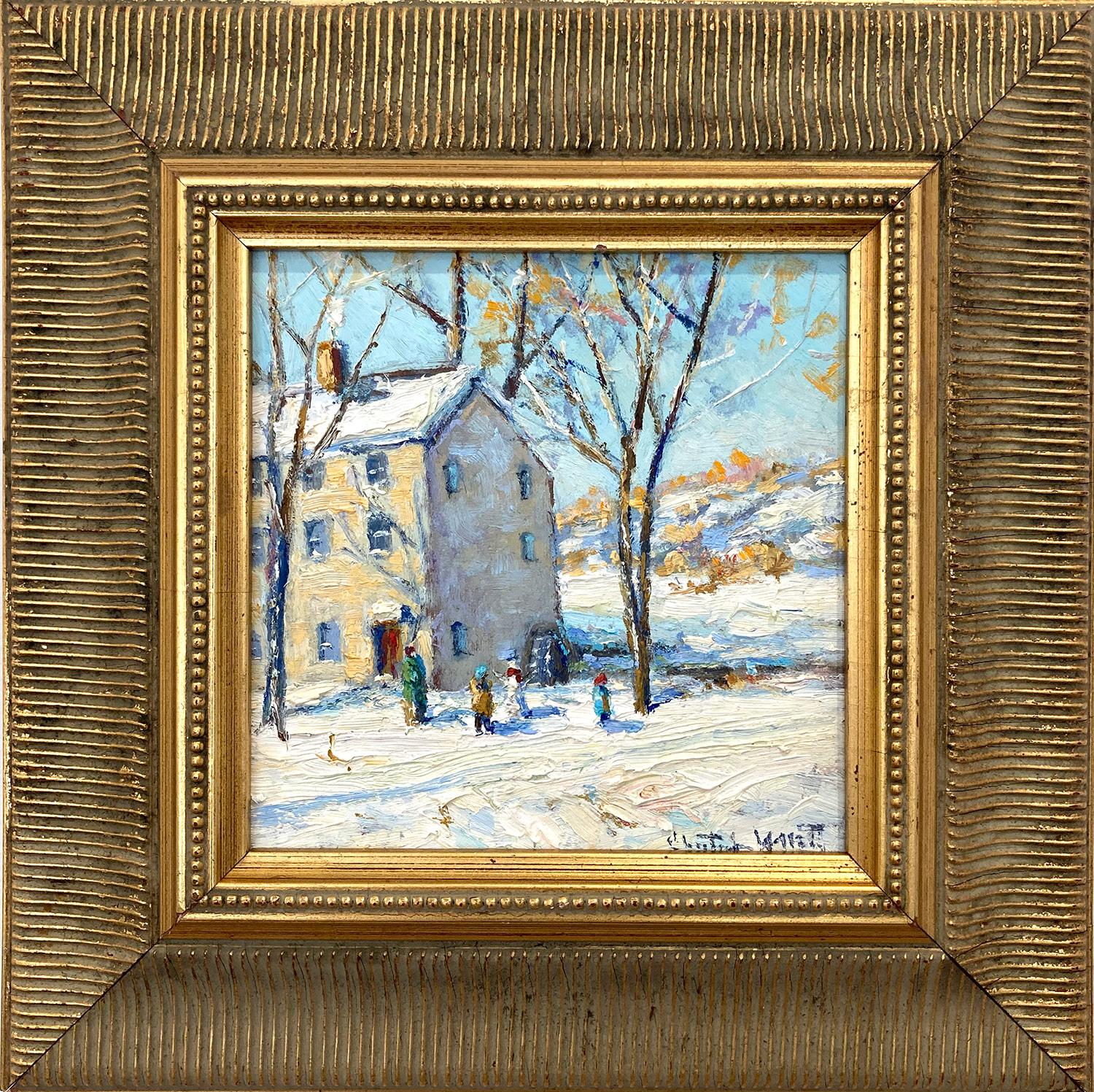 Christopher Willett Figurative Painting - "Weekend With Grandmom" Bucks County Snow Scene Landscape Oil Painting on Panel