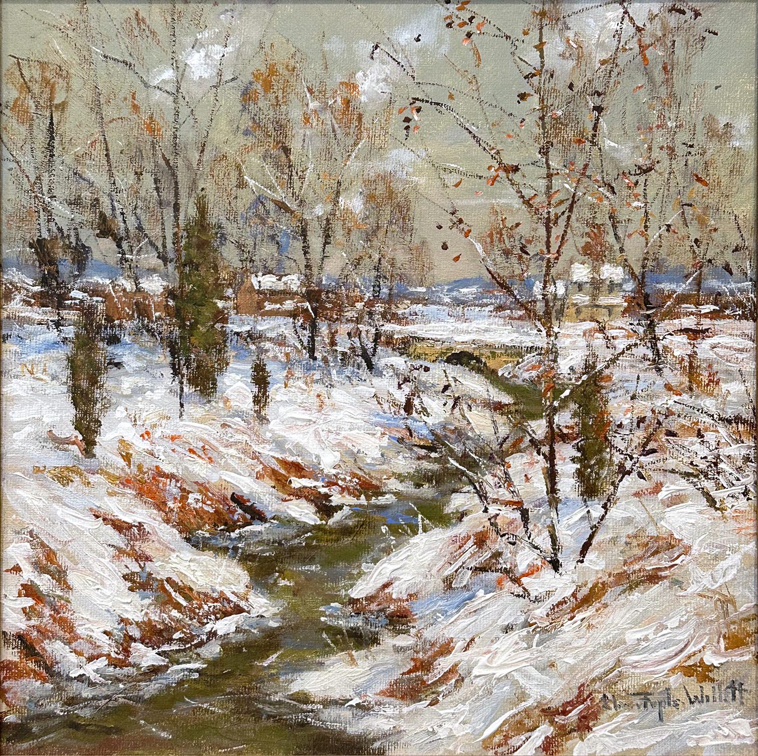 „Winter Comes Early“ Bucks County PA Schnee Creek-Szene, Ölgemälde, gerahmt – Painting von Christopher Willett