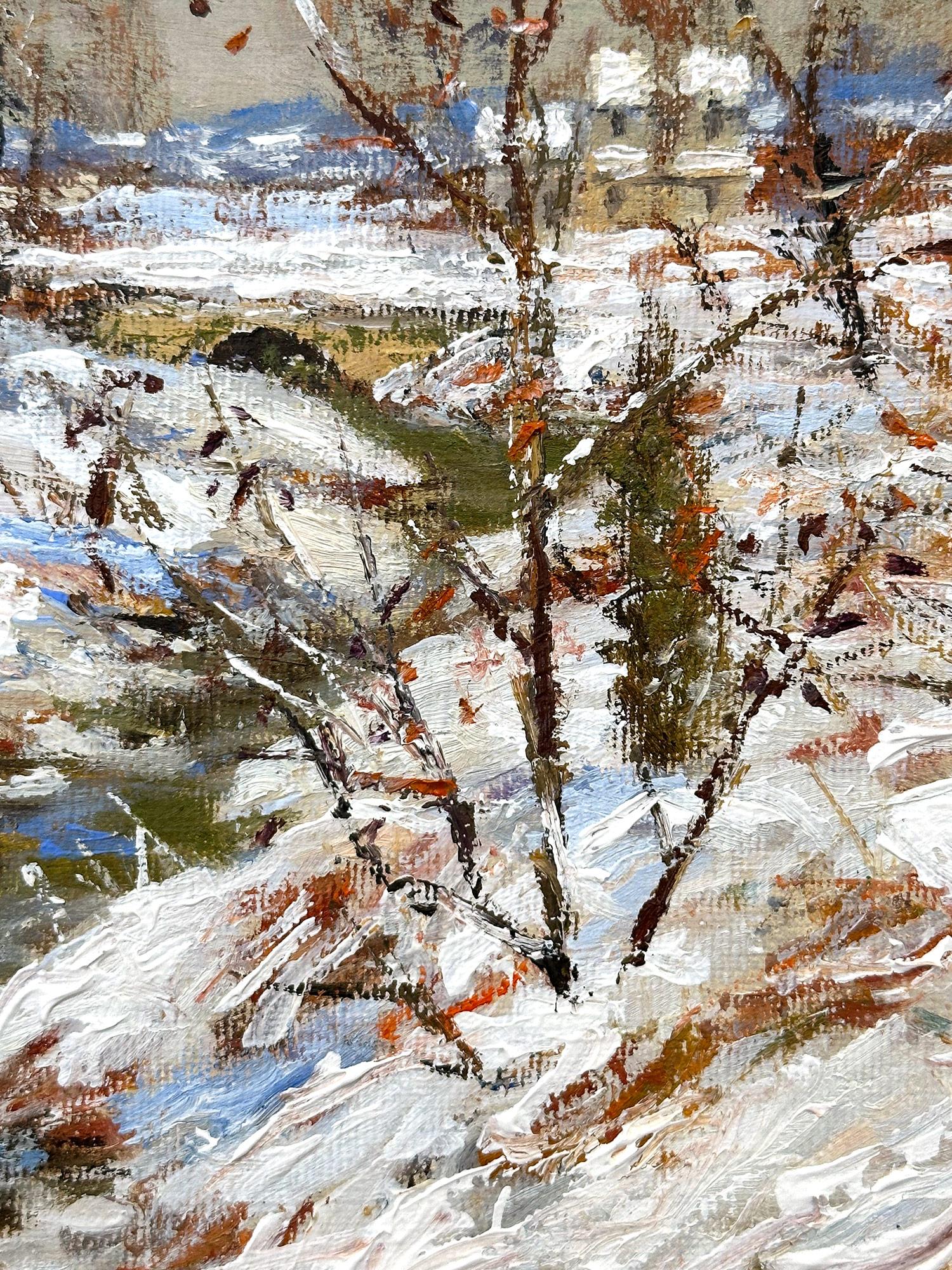 „Winter Comes Early“ Bucks County PA Schnee Creek-Szene, Ölgemälde, gerahmt (Amerikanischer Impressionismus), Painting, von Christopher Willett