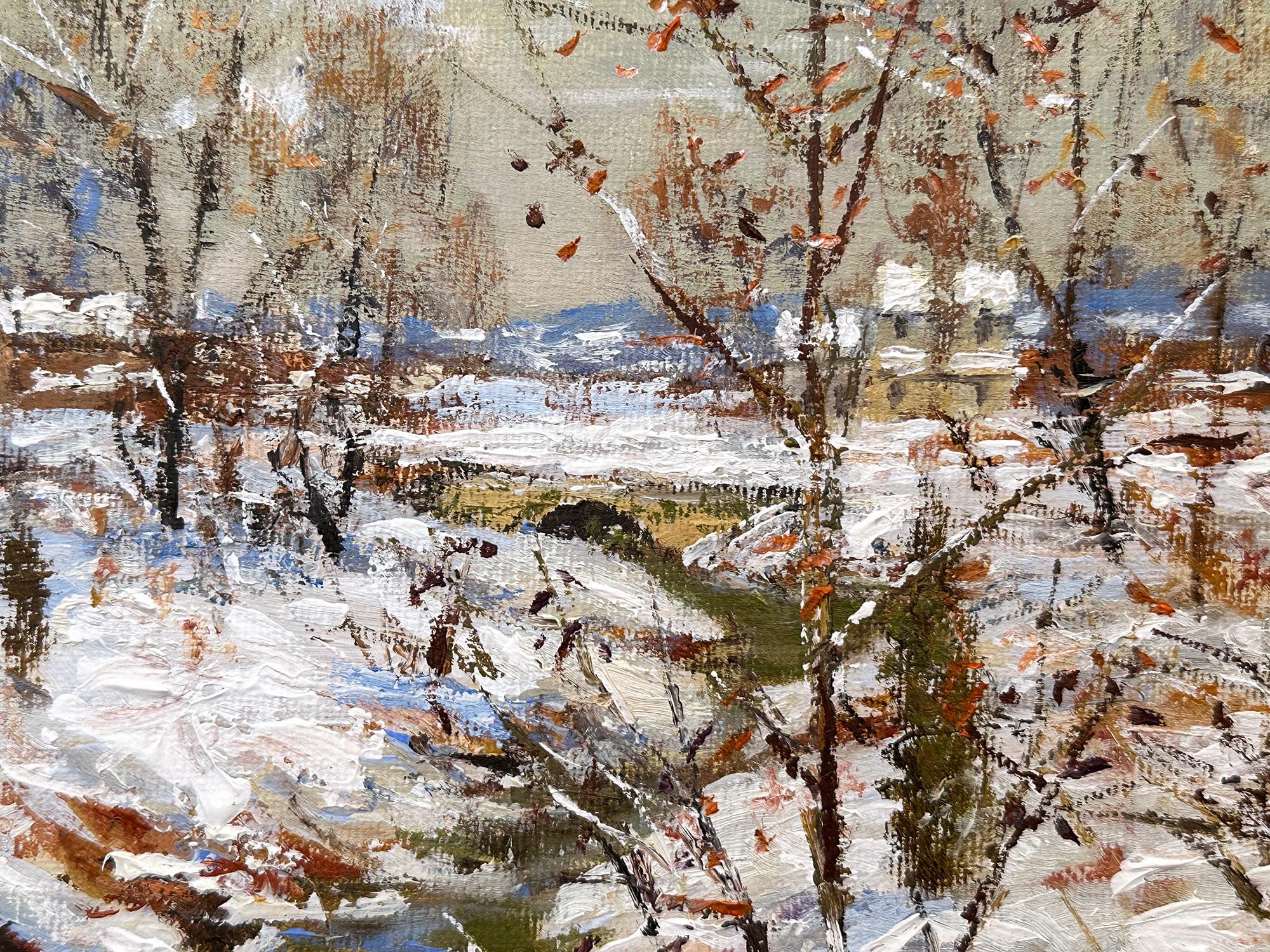 Eine wunderbare Impressionist Winter pastorale Szene eines bunten malerischen Bach Schnee Szene mit Häusern in der Ferne. Willet hat dieses Stück auf eine sehr intime und doch energiegeladene Weise dargestellt und viel Gefühl in dieses lebendige