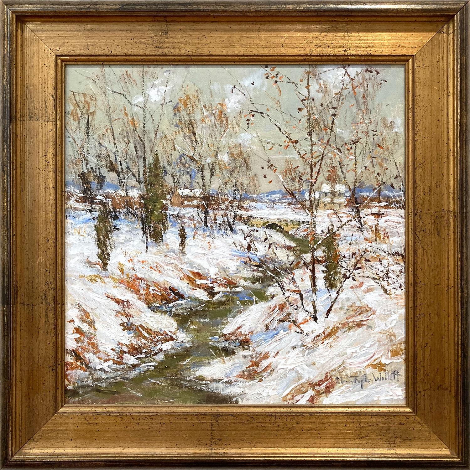 "L'inverno arriva presto" Bucks County PA Scena di torrente innevato dipinto a olio con cornice