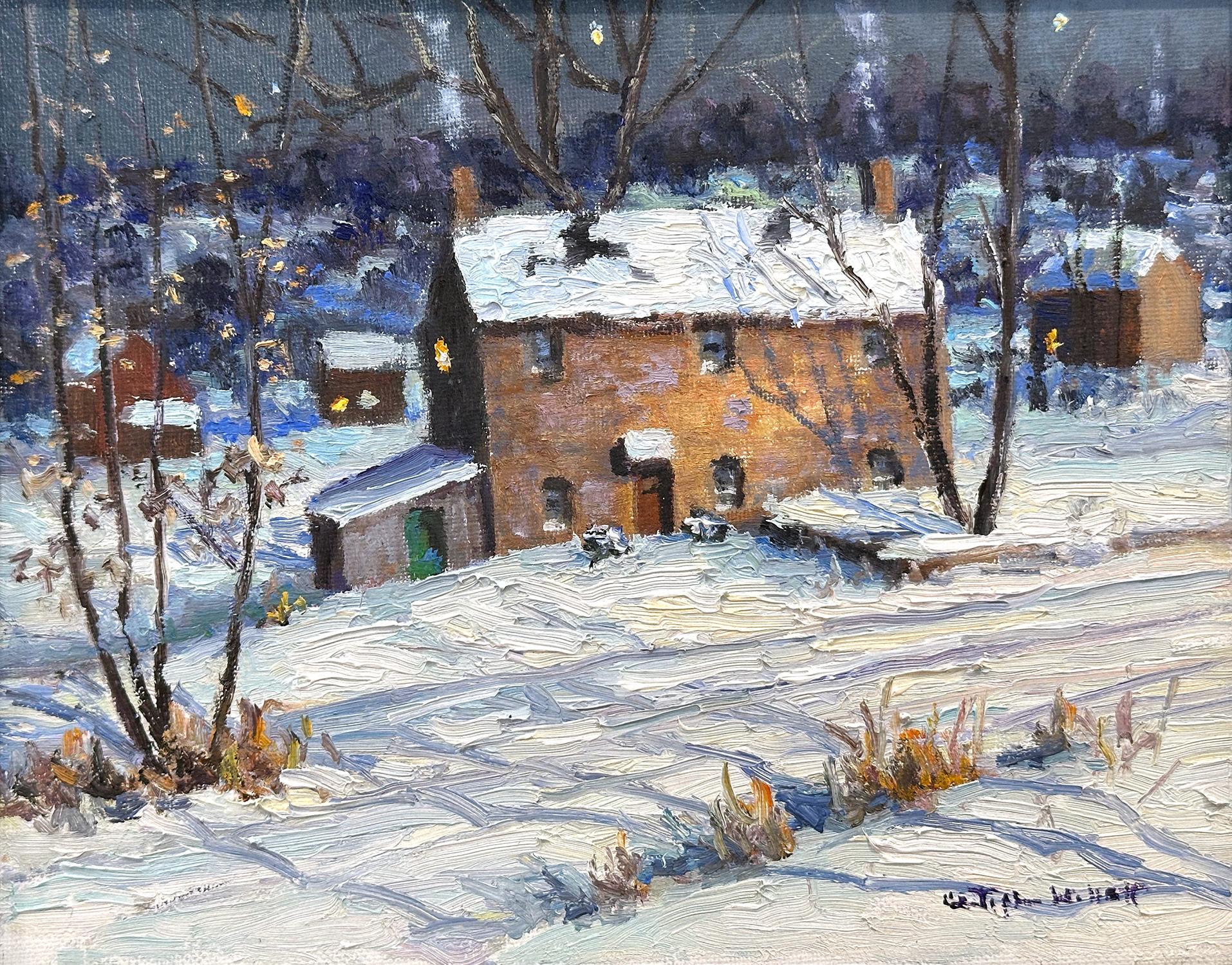 Impressionist winter pastoral scene of a quaint snow covered home by theBuckingham, Bucks County, PA. Willett has portrayed this charming scene in a most intimate, yet energetic way, and has packed much feeling into this miniature work. It is almost