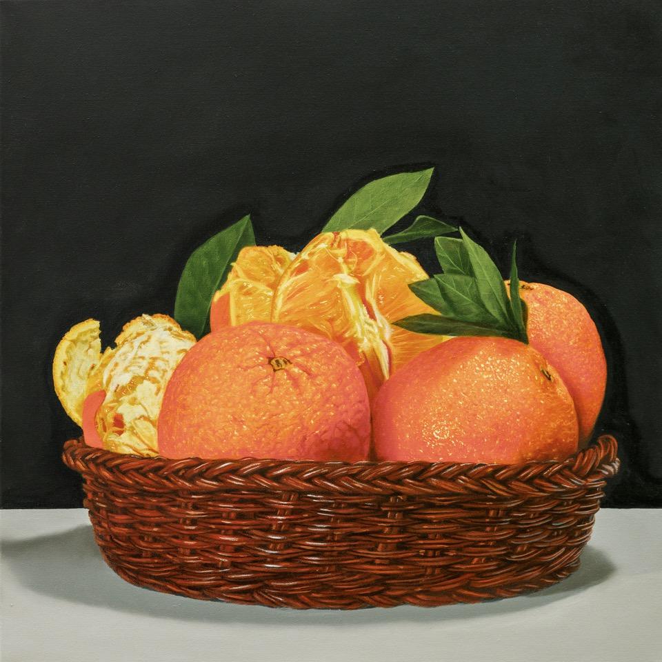 Landscape Painting di Christopher Witchall - Cesto di arance - opera d'arte contemporanea originale di natura morta e realistica