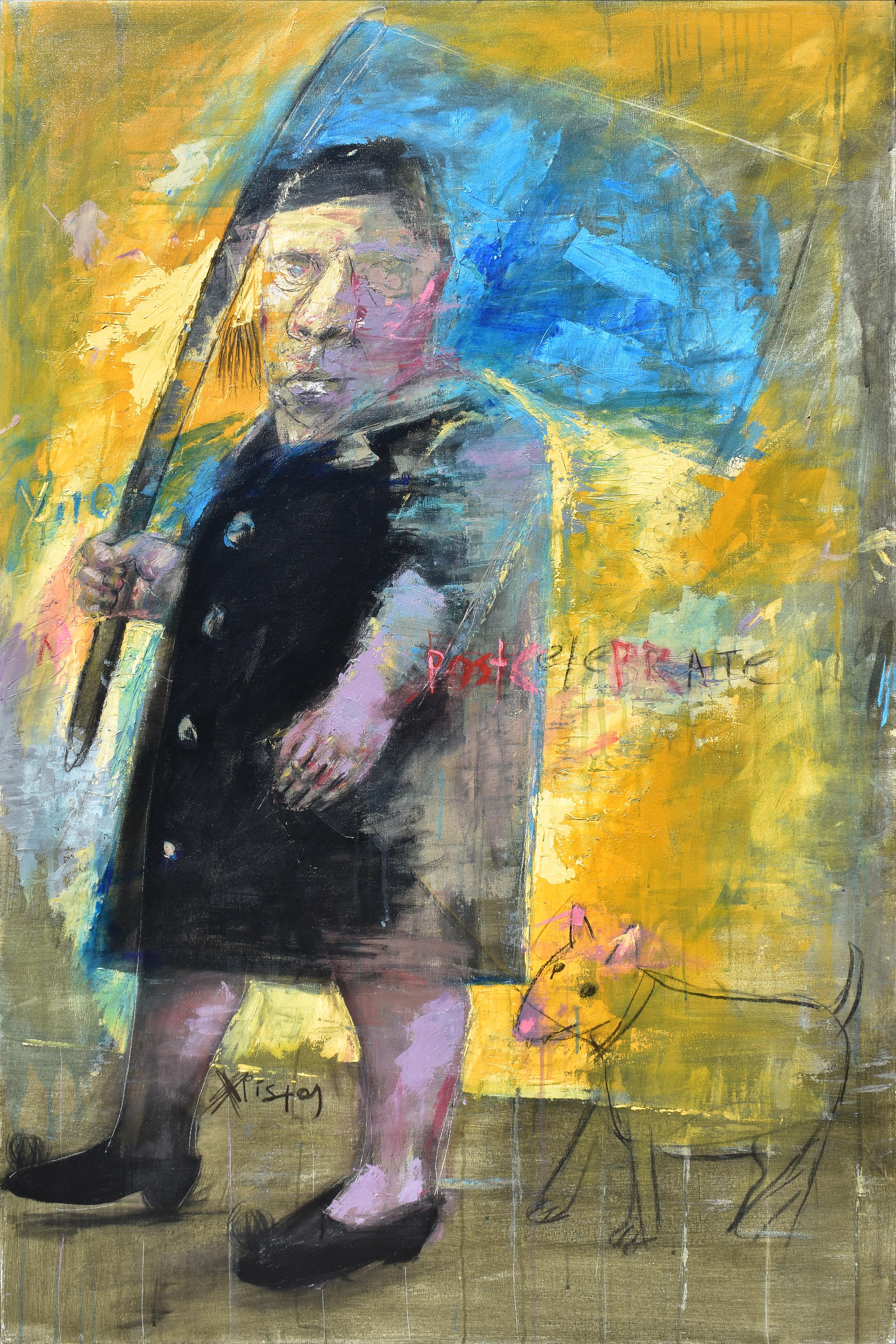 Figurative Painting di Christos Antonaropoulos - Standard Bearer 11 - Pittura figurativa su tela Giallo Blu Rosso Grigio Rosa Nero
