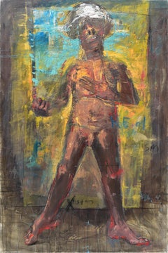 Standard Bearer 13 - peinture figurative sur toile jaune, bleu, rouge, gris, rose et noir