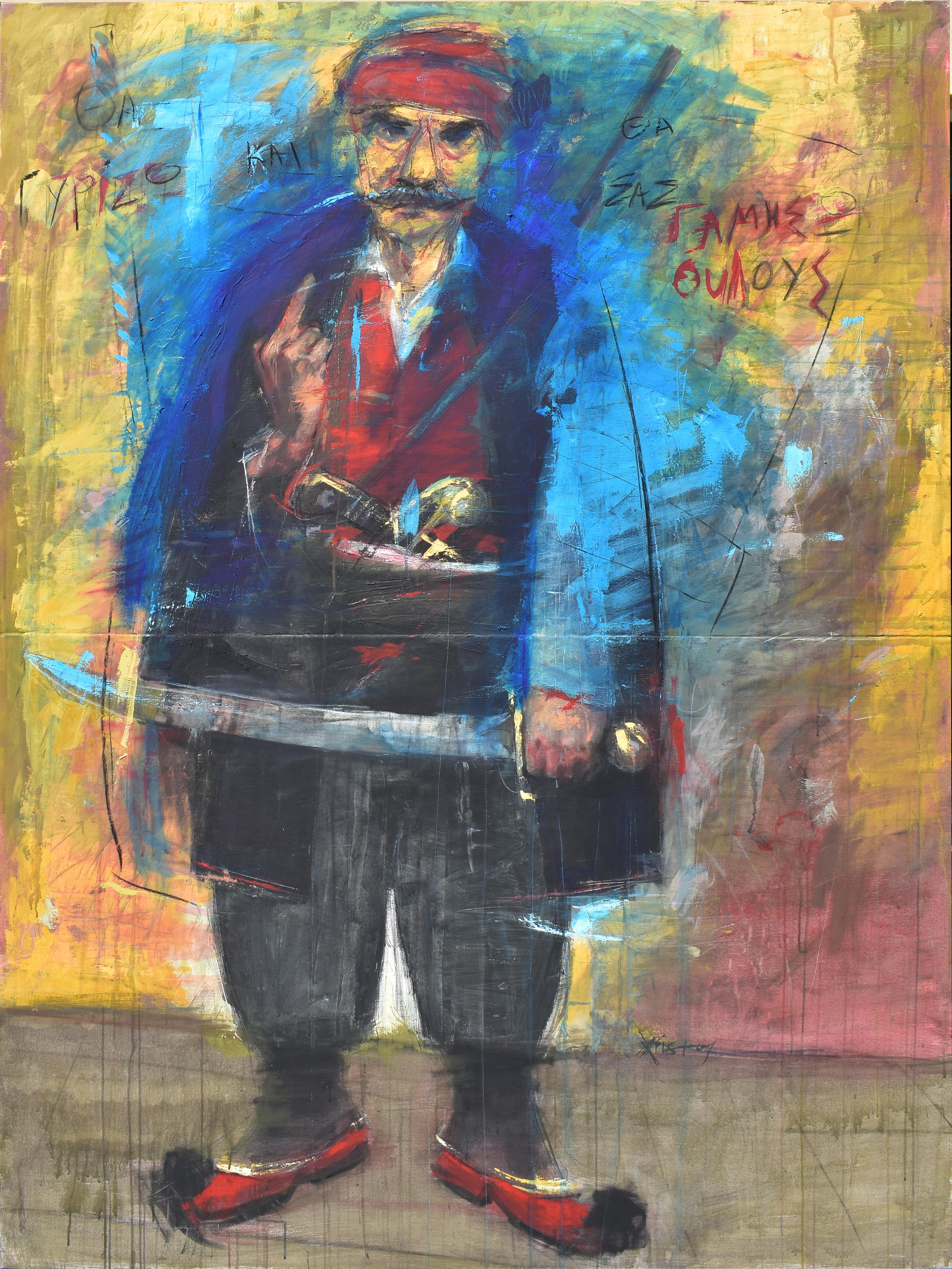 Standard Bearer 15 - Figurative Painting Canvas Yellow Blue Red Grey Pink Black